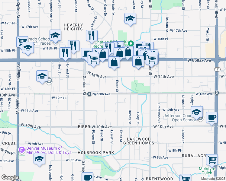 map of restaurants, bars, coffee shops, grocery stores, and more near 1295 Estes Street in Lakewood