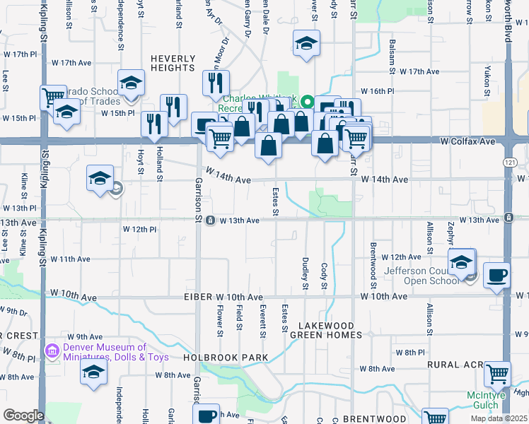 map of restaurants, bars, coffee shops, grocery stores, and more near 1295 Estes Street in Lakewood