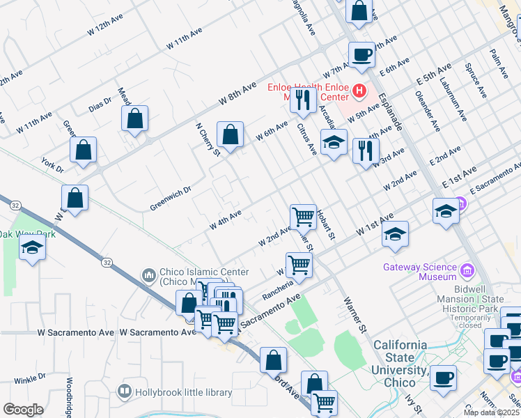 map of restaurants, bars, coffee shops, grocery stores, and more near 725 West 4th Avenue in Chico