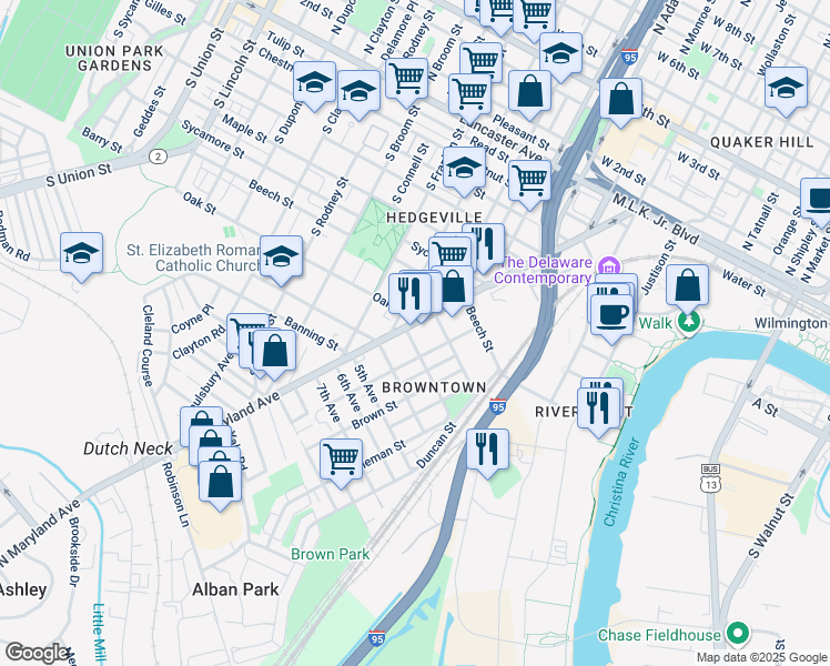 map of restaurants, bars, coffee shops, grocery stores, and more near 807 Anchorage Street in Wilmington