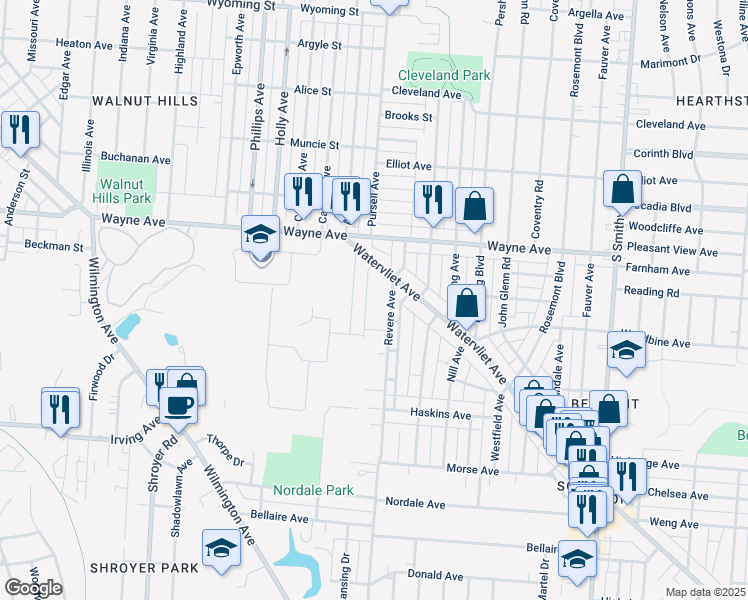 map of restaurants, bars, coffee shops, grocery stores, and more near 2163 Mapleview Avenue in Dayton