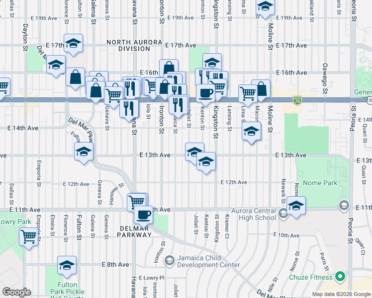 map of restaurants, bars, coffee shops, grocery stores, and more near 1317 Joliet Street in Aurora