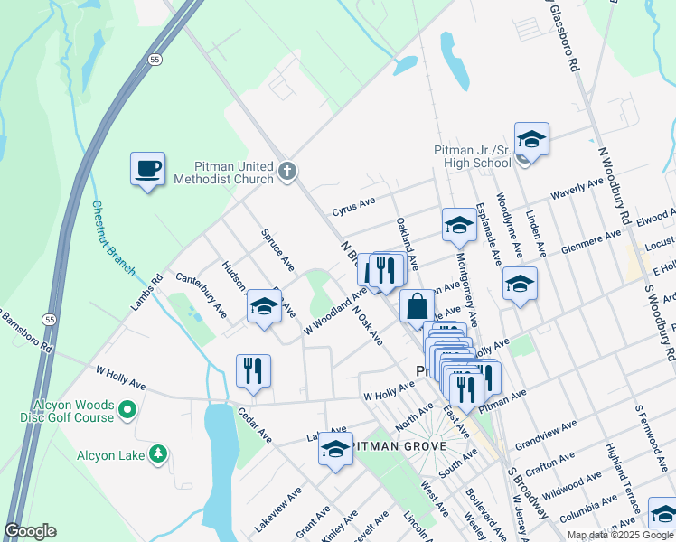 map of restaurants, bars, coffee shops, grocery stores, and more near 503 North Oak Avenue in Pitman