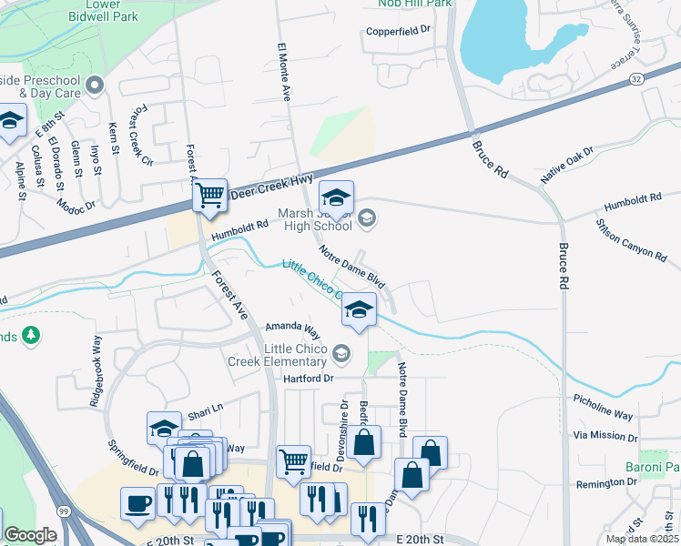 map of restaurants, bars, coffee shops, grocery stores, and more near 30 Notre Dame Boulevard in Chico
