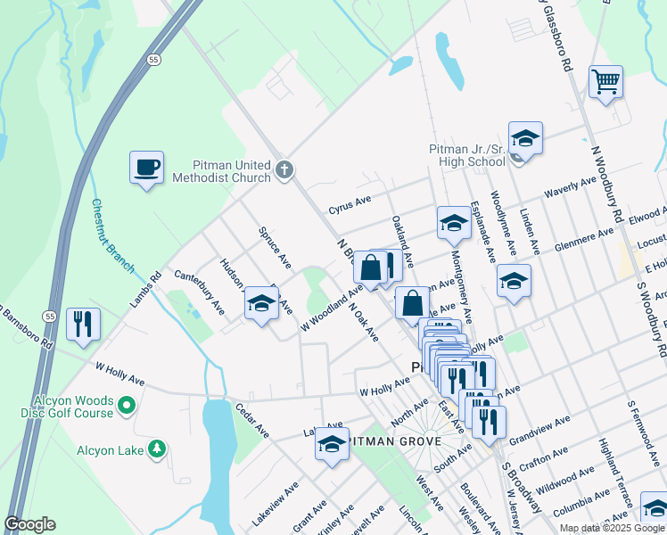 map of restaurants, bars, coffee shops, grocery stores, and more near 503 North Oak Avenue in Pitman