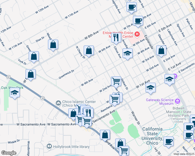 map of restaurants, bars, coffee shops, grocery stores, and more near 725 West 4th Avenue in Chico