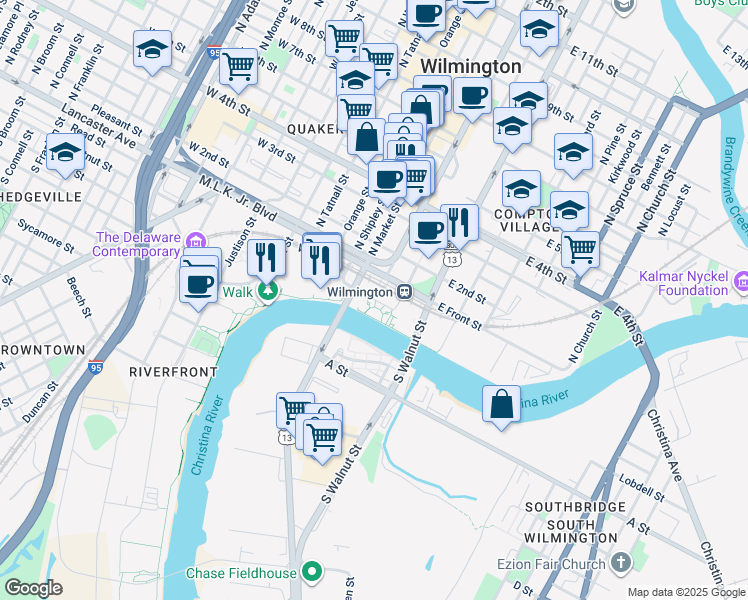 map of restaurants, bars, coffee shops, grocery stores, and more near Rosa Parks Drive in Wilmington