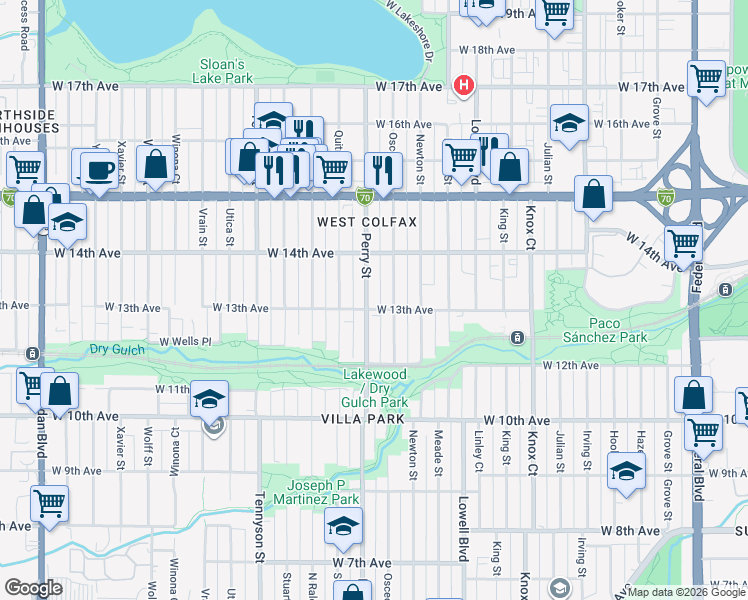 map of restaurants, bars, coffee shops, grocery stores, and more near 3978 West 13th Avenue in Denver