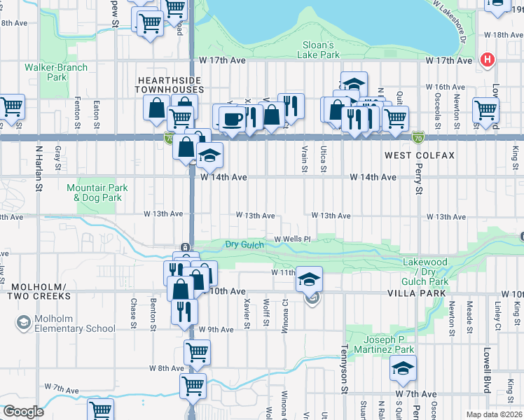 map of restaurants, bars, coffee shops, grocery stores, and more near 4860 West 13th Avenue in Denver
