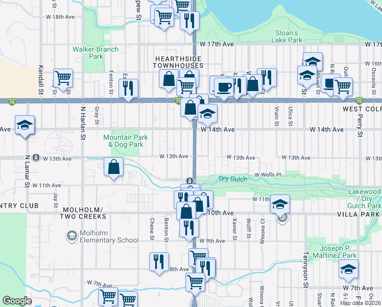 map of restaurants, bars, coffee shops, grocery stores, and more near 5240 West 13th Avenue in Lakewood