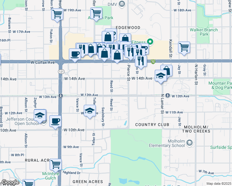 map of restaurants, bars, coffee shops, grocery stores, and more near 6950 West 13th Avenue in Lakewood