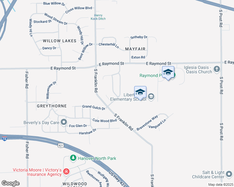 map of restaurants, bars, coffee shops, grocery stores, and more near 2347 Layton Park Drive in Indianapolis