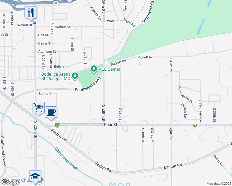 map of restaurants, bars, coffee shops, grocery stores, and more near 3010 South 29th Street in Saint Joseph