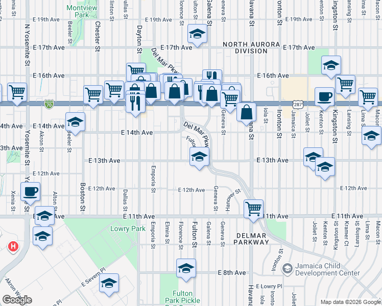 map of restaurants, bars, coffee shops, grocery stores, and more near 1301 Fulton Street in Aurora