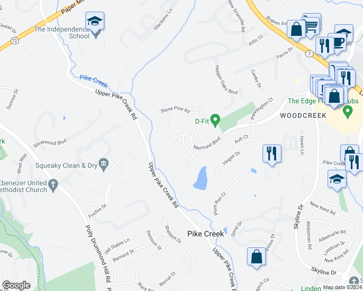 map of restaurants, bars, coffee shops, grocery stores, and more near 4950 South Raintree Court in Wilmington