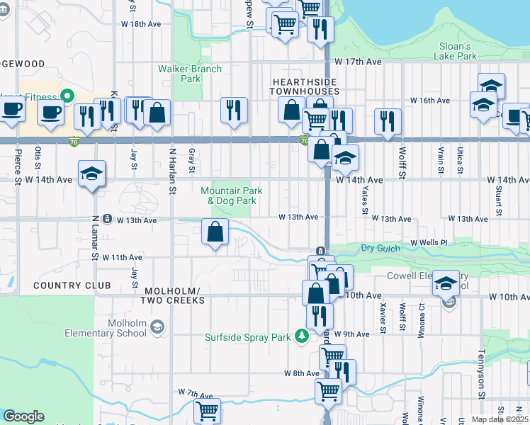 map of restaurants, bars, coffee shops, grocery stores, and more near 1305 Chase Street in Lakewood