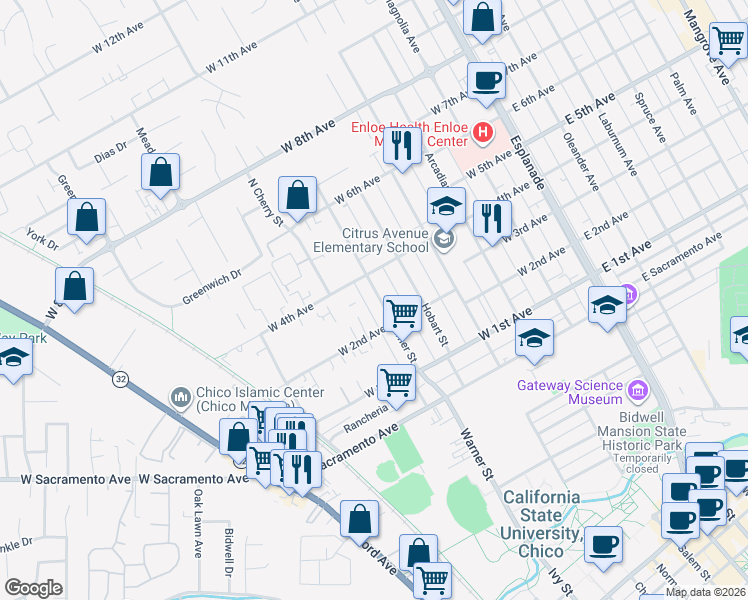 map of restaurants, bars, coffee shops, grocery stores, and more near 1249 Warner Street in Chico