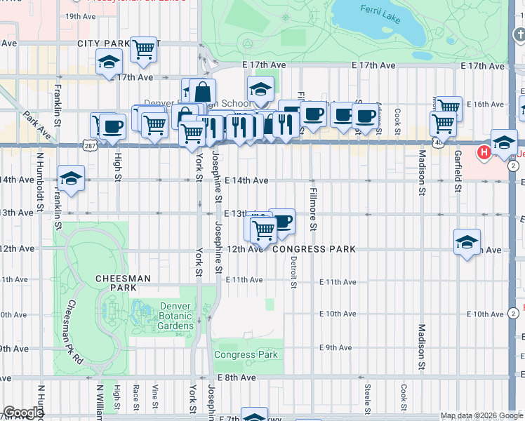 map of restaurants, bars, coffee shops, grocery stores, and more near 1265 Elizabeth Street in Denver