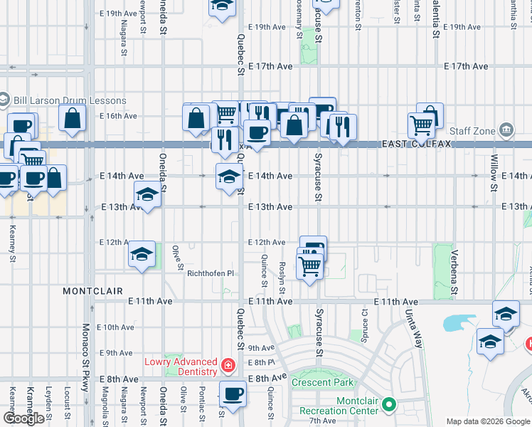 map of restaurants, bars, coffee shops, grocery stores, and more near 1245 Quince Street in Denver