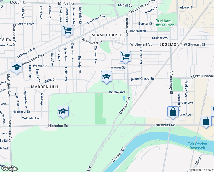 map of restaurants, bars, coffee shops, grocery stores, and more near 1630 Miami Chapel Road in Dayton