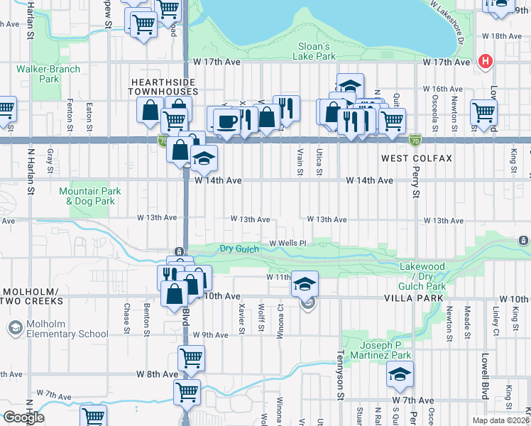 map of restaurants, bars, coffee shops, grocery stores, and more near 4708 West 13th Avenue in Denver