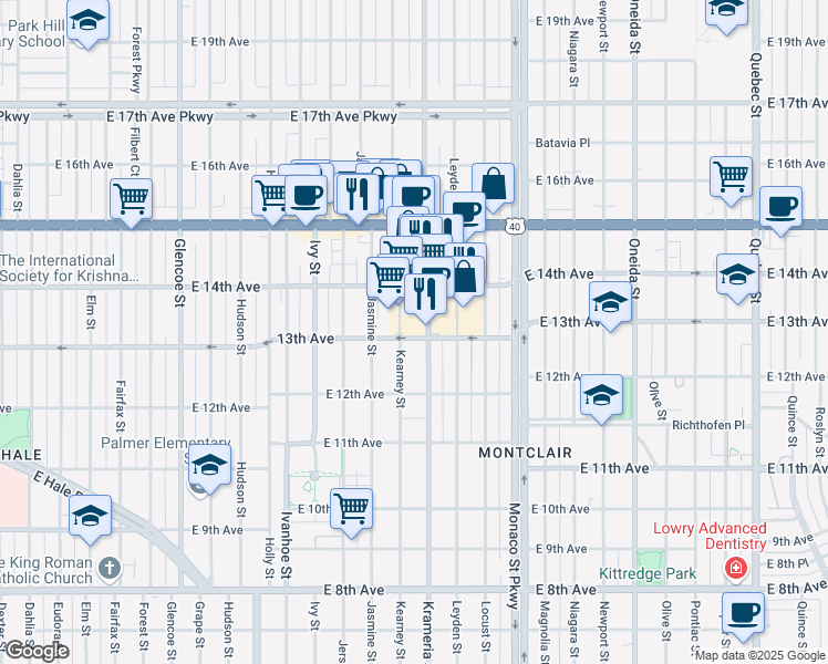 map of restaurants, bars, coffee shops, grocery stores, and more near 1276 Krameria Street in Denver