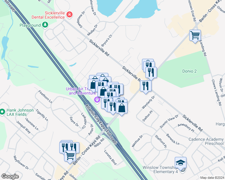 map of restaurants, bars, coffee shops, grocery stores, and more near 611 Berlin - Cross Keys Road in Sicklerville