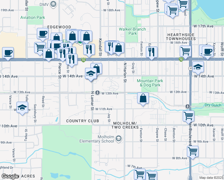 map of restaurants, bars, coffee shops, grocery stores, and more near 6150 West 13th Avenue in Lakewood