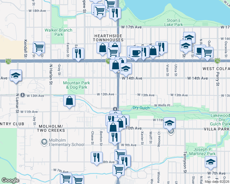 map of restaurants, bars, coffee shops, grocery stores, and more near 5240 West 13th Avenue in Lakewood