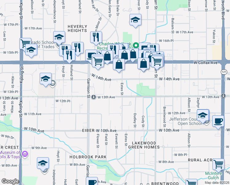 map of restaurants, bars, coffee shops, grocery stores, and more near 1295 Estes Street in Lakewood