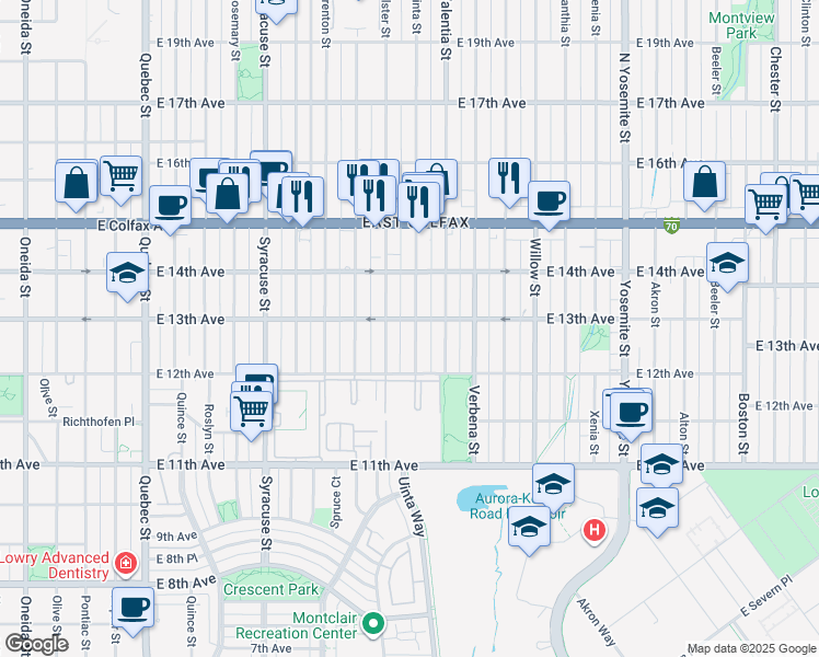 map of restaurants, bars, coffee shops, grocery stores, and more near 1240 Ulster Street in Denver