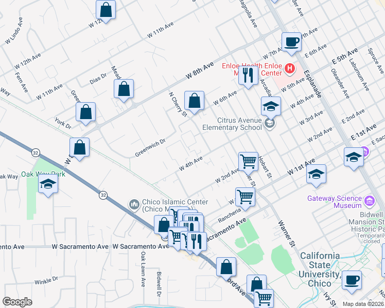 map of restaurants, bars, coffee shops, grocery stores, and more near 741 West 4th Avenue in Chico