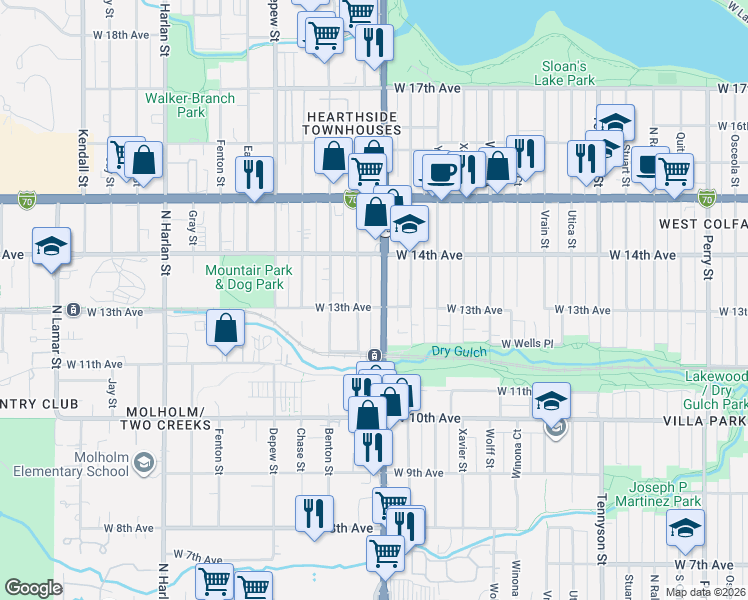 map of restaurants, bars, coffee shops, grocery stores, and more near 1315 Sheridan Boulevard in Lakewood