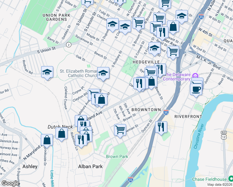 map of restaurants, bars, coffee shops, grocery stores, and more near 1300 Cedar Street in Wilmington