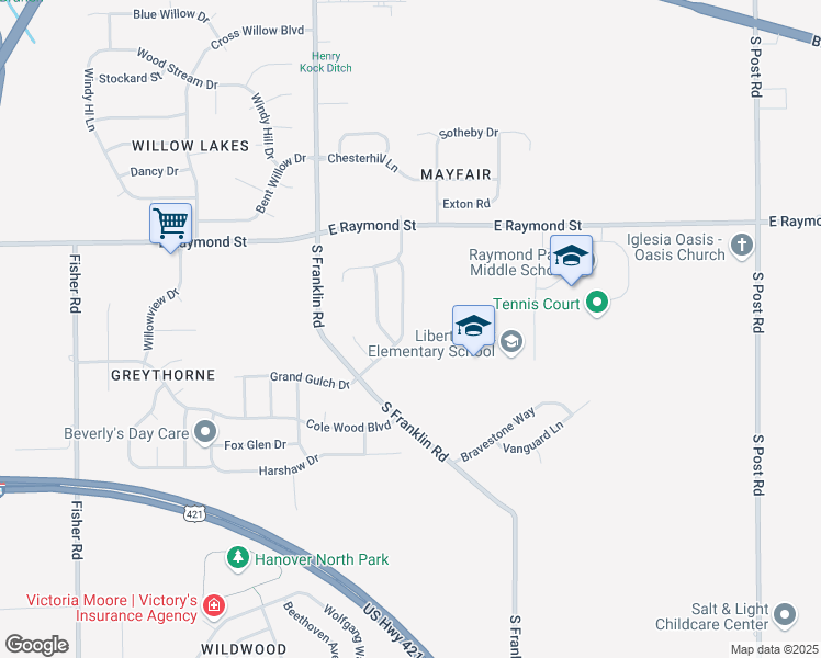 map of restaurants, bars, coffee shops, grocery stores, and more near 2339 Salem Park Drive in Indianapolis