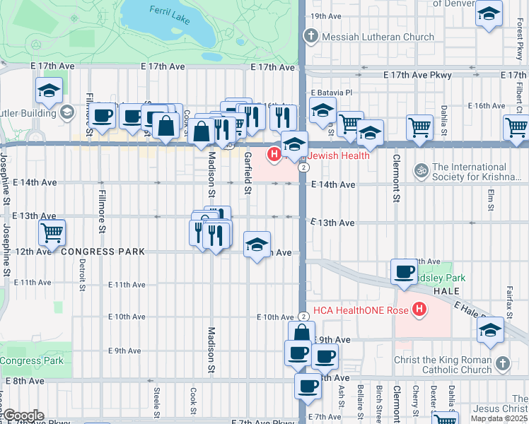 map of restaurants, bars, coffee shops, grocery stores, and more near 1257 Jackson Street in Denver