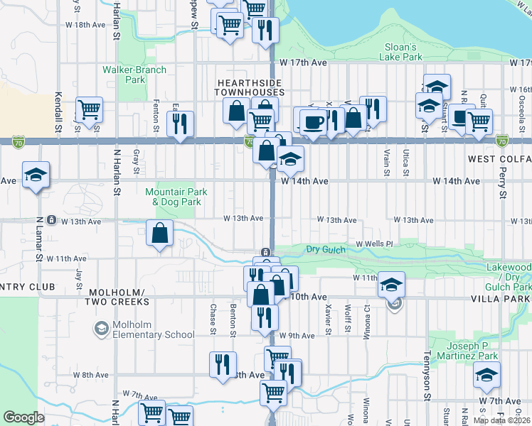 map of restaurants, bars, coffee shops, grocery stores, and more near 1315 Sheridan Boulevard in Lakewood