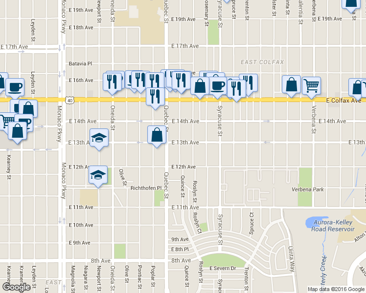 map of restaurants, bars, coffee shops, grocery stores, and more near 1245 Quince Street in Denver