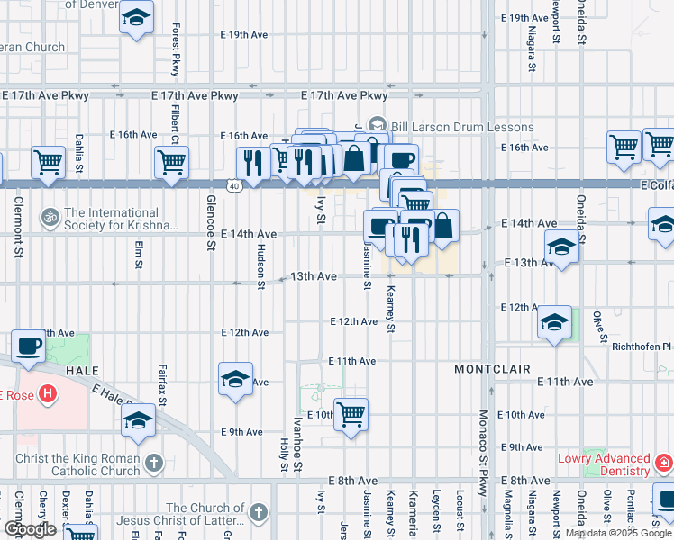 map of restaurants, bars, coffee shops, grocery stores, and more near 1280 Ivy Street in Denver