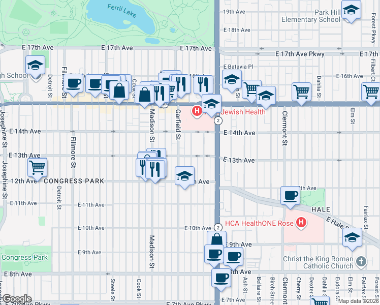 map of restaurants, bars, coffee shops, grocery stores, and more near 1257 Jackson Street in Denver