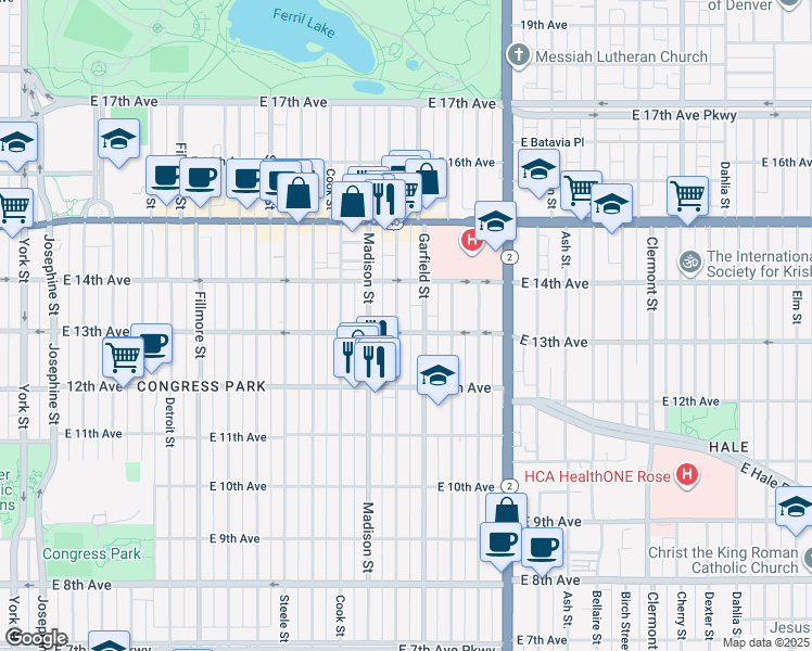 map of restaurants, bars, coffee shops, grocery stores, and more near in Denver
