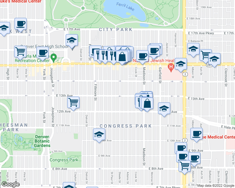 map of restaurants, bars, coffee shops, grocery stores, and more near 1327 Steele Street in Denver