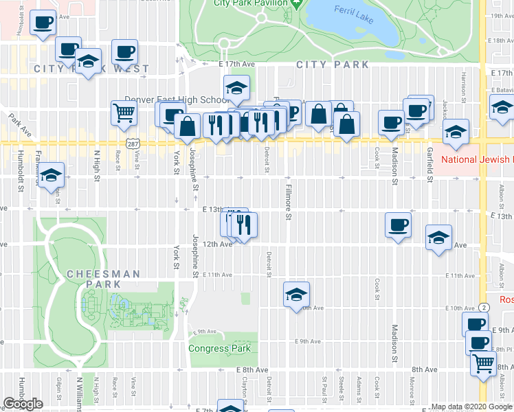 map of restaurants, bars, coffee shops, grocery stores, and more near 1280 Clayton Street in Denver