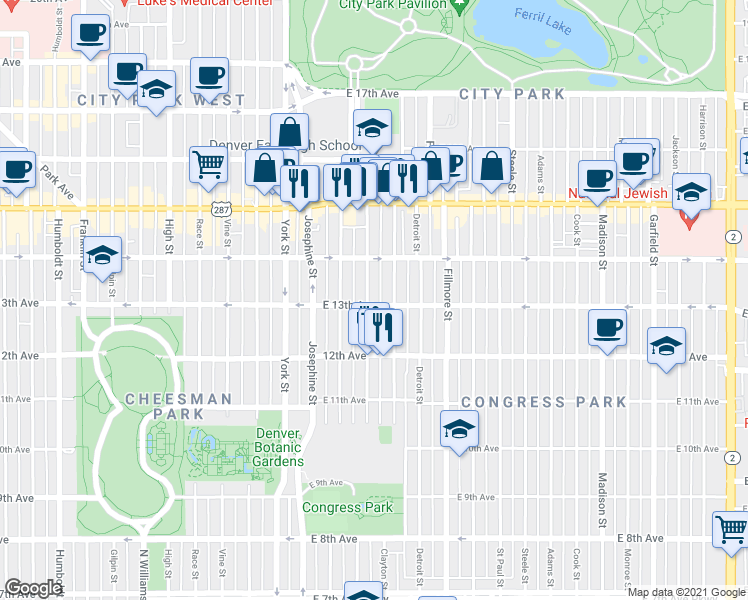 map of restaurants, bars, coffee shops, grocery stores, and more near 1265 Elizabeth Street in Denver