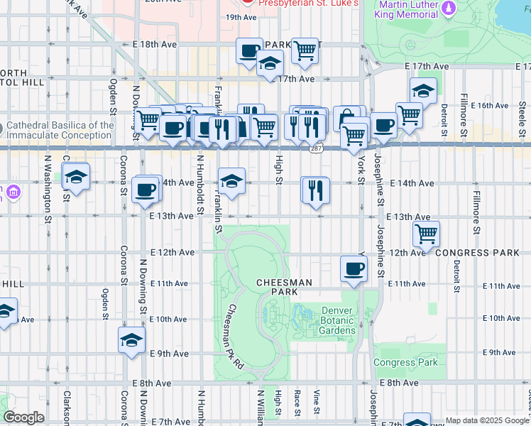 map of restaurants, bars, coffee shops, grocery stores, and more near 1290 North Williams Street in Denver