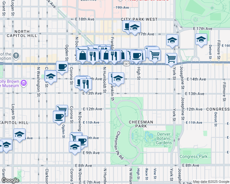 map of restaurants, bars, coffee shops, grocery stores, and more near in Denver