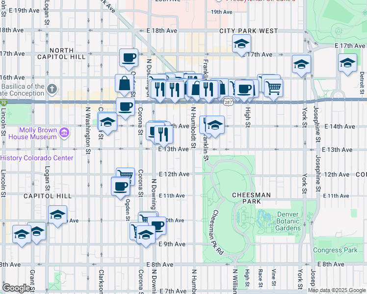 map of restaurants, bars, coffee shops, grocery stores, and more near in Denver
