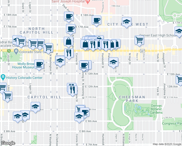 map of restaurants, bars, coffee shops, grocery stores, and more near 1270 North Marion Street in Denver