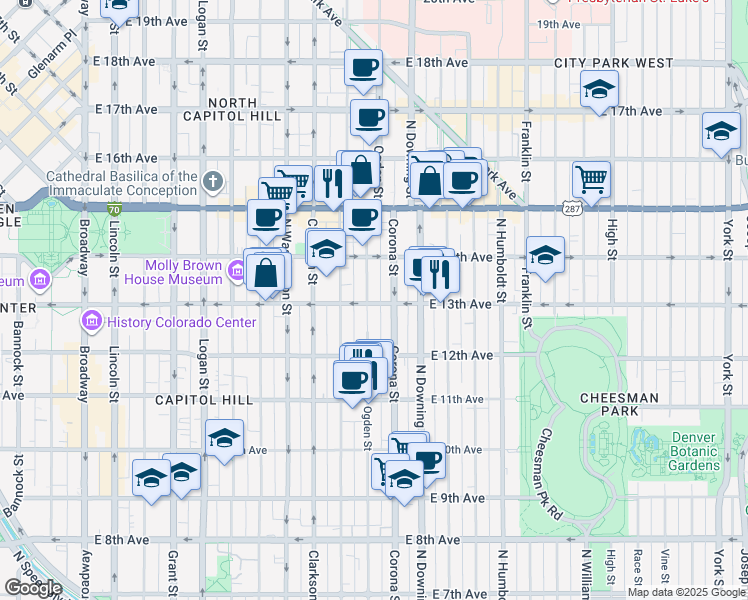 map of restaurants, bars, coffee shops, grocery stores, and more near in Denver
