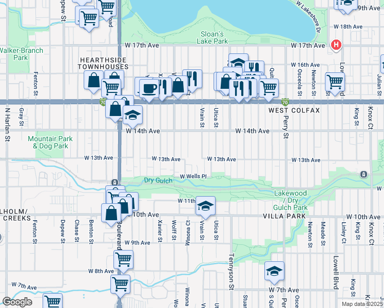 map of restaurants, bars, coffee shops, grocery stores, and more near 1266 Vrain Street in Denver